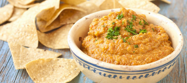 Roasted pepper hummus in a bowl